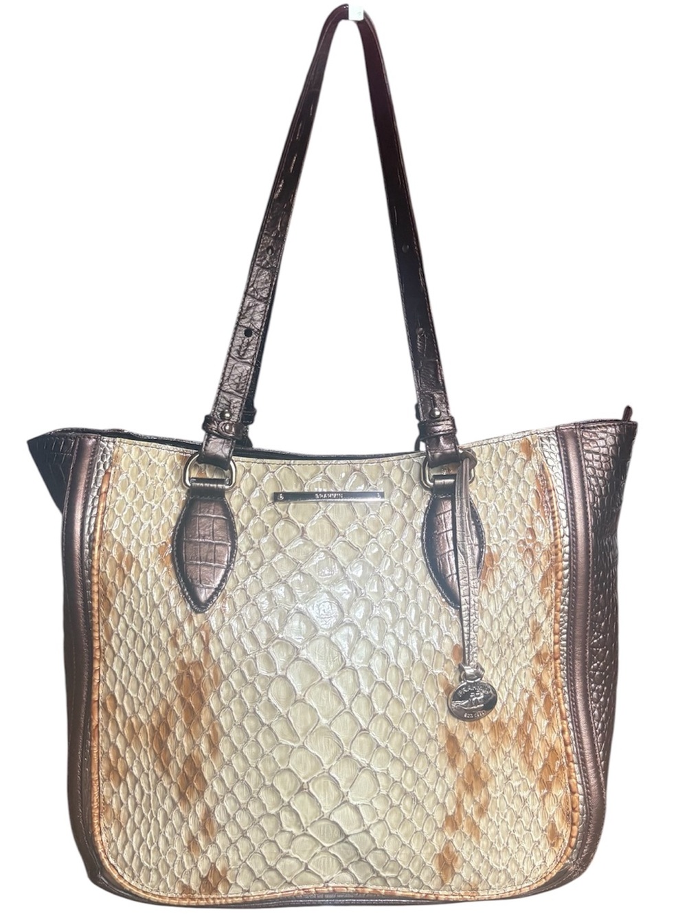Brahmin Cream and Brown Croc-Embossed Tote.